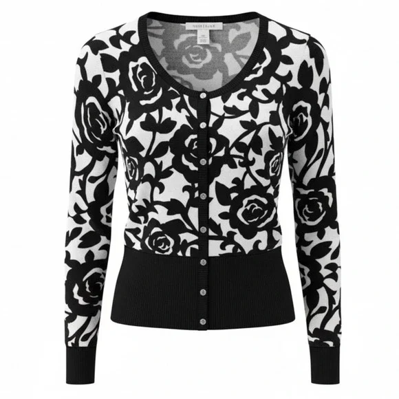White House Black Market Cardigan Sweater XS Roses Snap Button Fitted Career - Picture 1 of 9